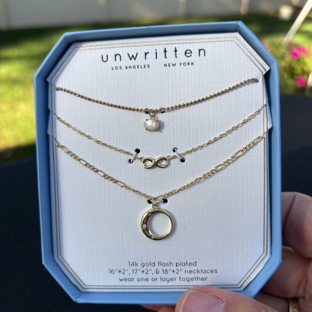 Layered Gold Necklace Set Unwritten 14k Gold Flash Plated 3 Layer